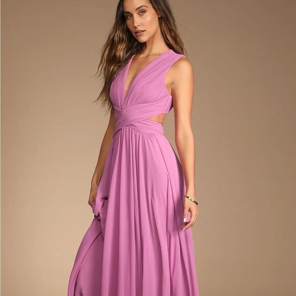 Lulus Vivid Imagination Lilac Pink Cutout Maxi Chiffon V Neck Dress Small NEW - Picture 16 of 16